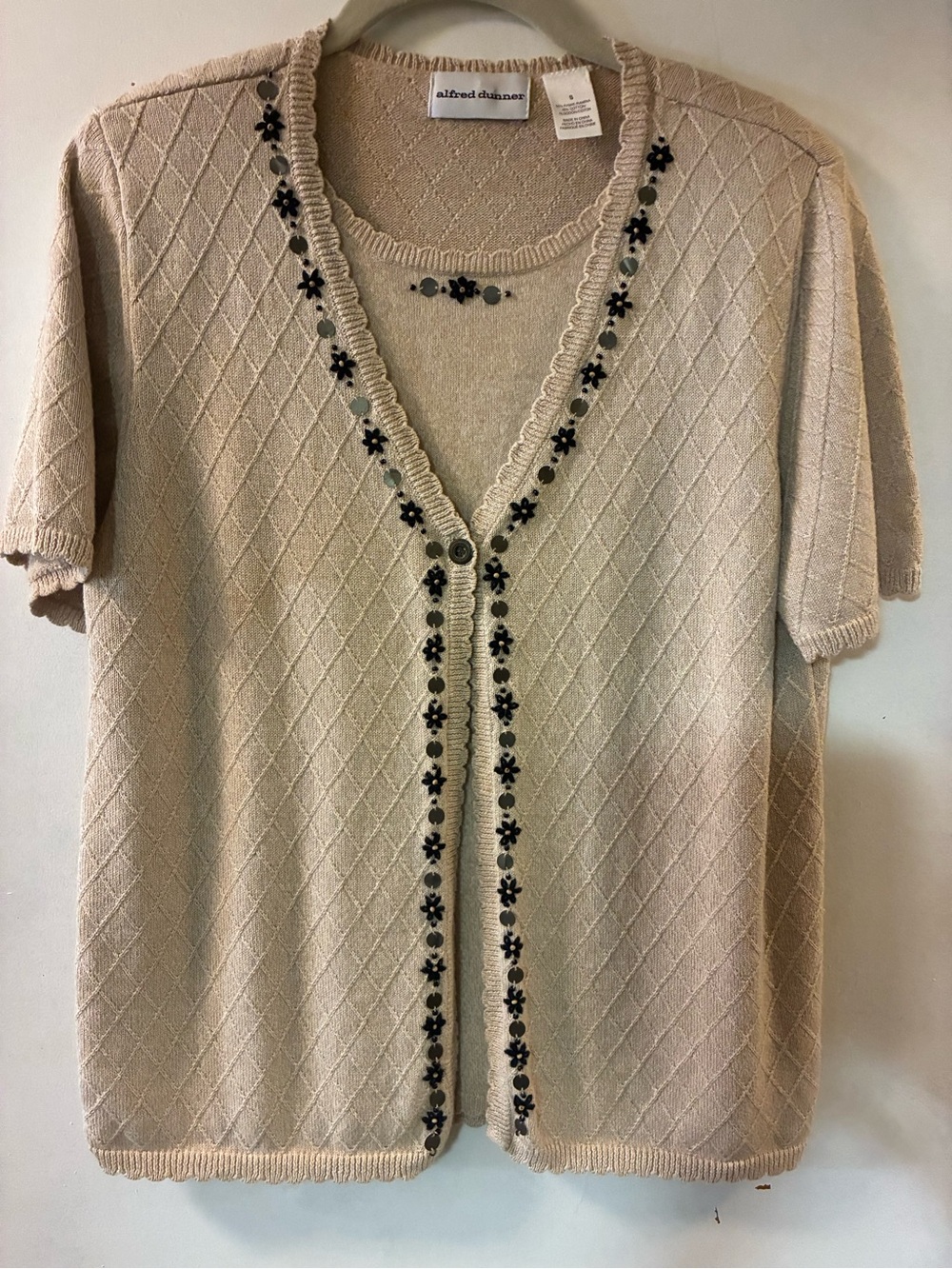 Alfred Dunner Beige Short-Sleeve Embellished Knit Sweater